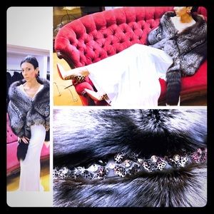 Silver Fox Skin wrap/shawl w/2full tails & crystal